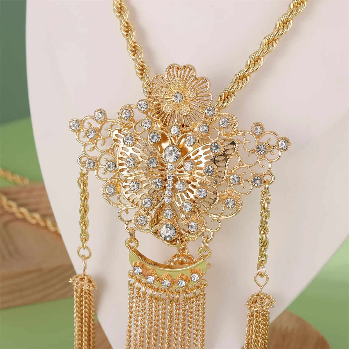 Middle Eastern Style Bridal Necklace With Butterfly Pattern Carved Twist Chain Design Adjustable Length Metal Pendant