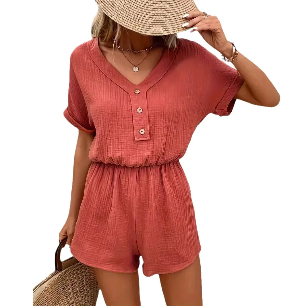 جمبسوت نسائي بأكمام قصيرة مونو مع أزرار وجيب، لون ناعم، جديد ربيعي وصيف 2025 كم قصير