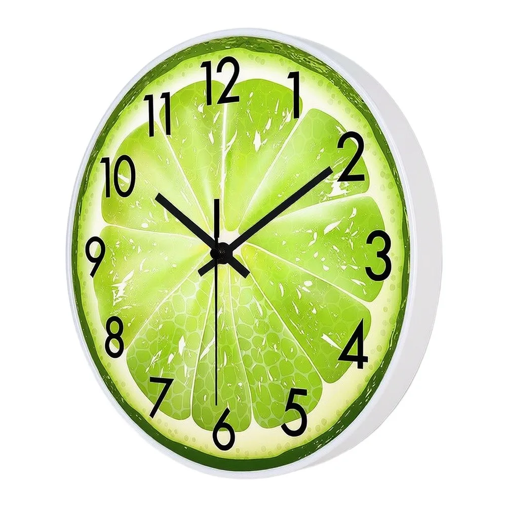 Silent Lemon Shaped Wall Clock 12 Inch Green Plastic Fruit Quiet Movement For Home Office Silent Lemon Shaped Wall