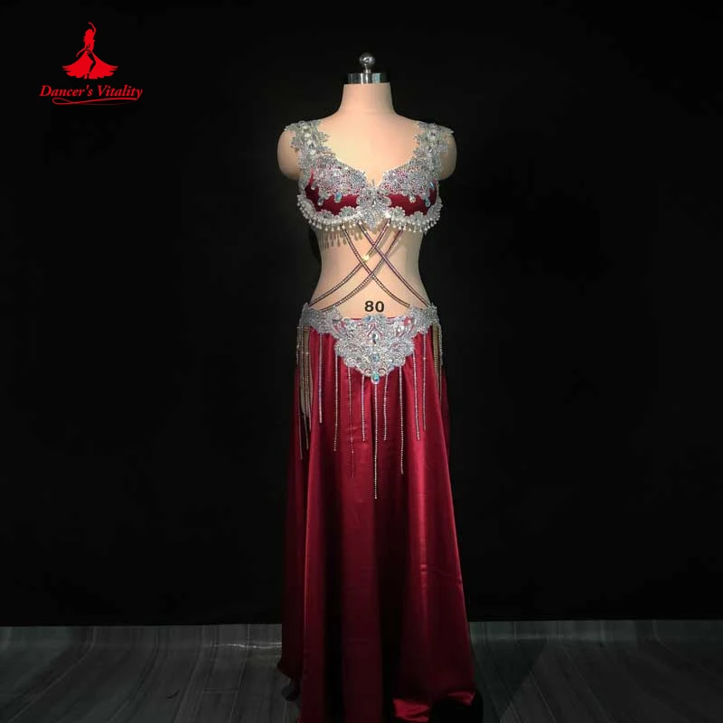 

Belly Dancer Costume Set Women Female Children Customsized AB Stones Bra+satin Split Skirt 2pcs Belly Dancing Competitoin Suit