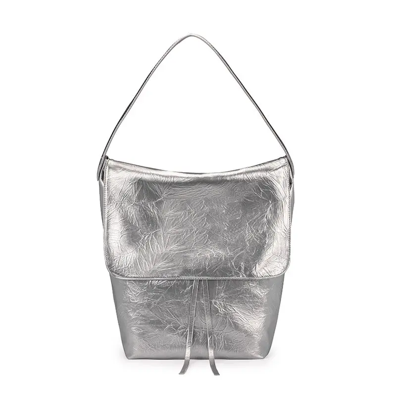 

2025 Original Design Pleated Tote Bag Minimalist Bucket Bag Casual Underarm Large Capacity Silver Shoulder Bag For Women Trendy