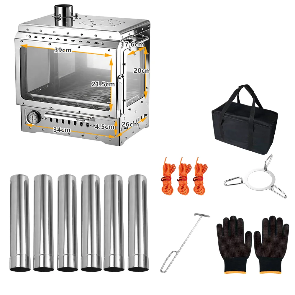 Poêle à bois Portable 430 en acier inoxydable, Triple face, vue de feu, tente de Camping, barbecue, gril, four, chauffage extérieur, thermomètre SmiloDon
