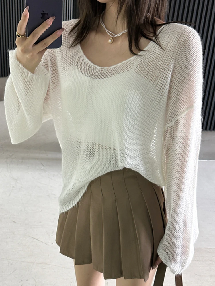 LANMREM Fashion Perspective Wool Knitting Sweater Women V Neck Long Sleeves Solid Color Tops Casual 2024 Spring New 2AA2110