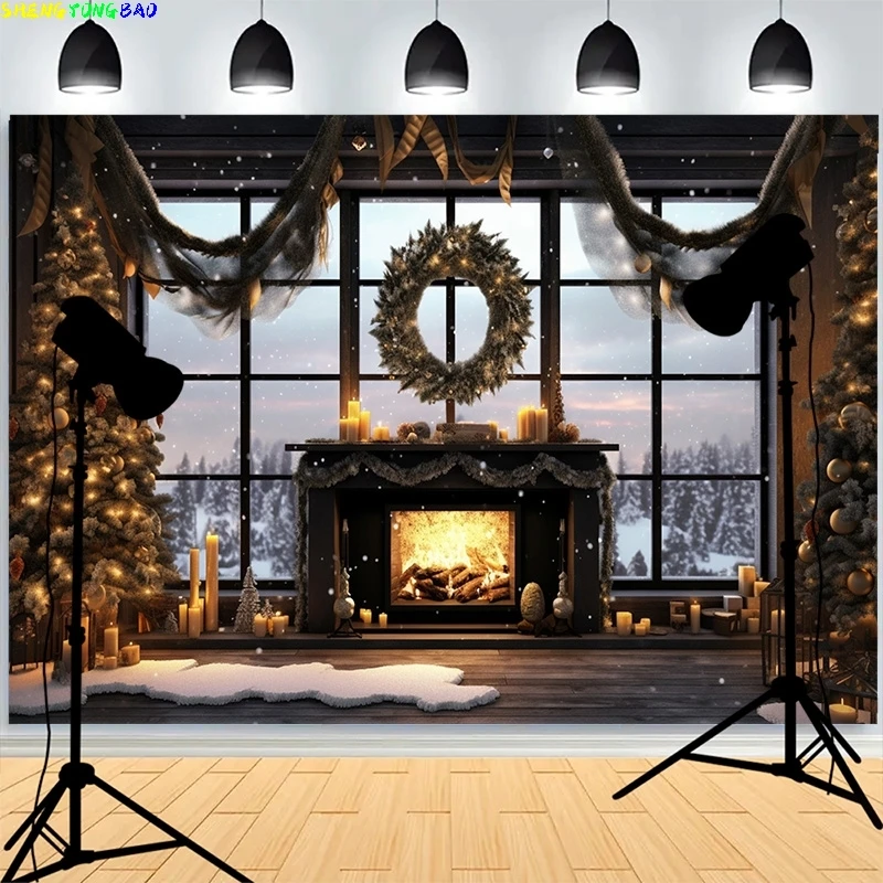 

Christmas Day Fireplace Photography Backdrops Large Window Living Room Wreach Xmas Tree Fireplace New Year Background XH-31