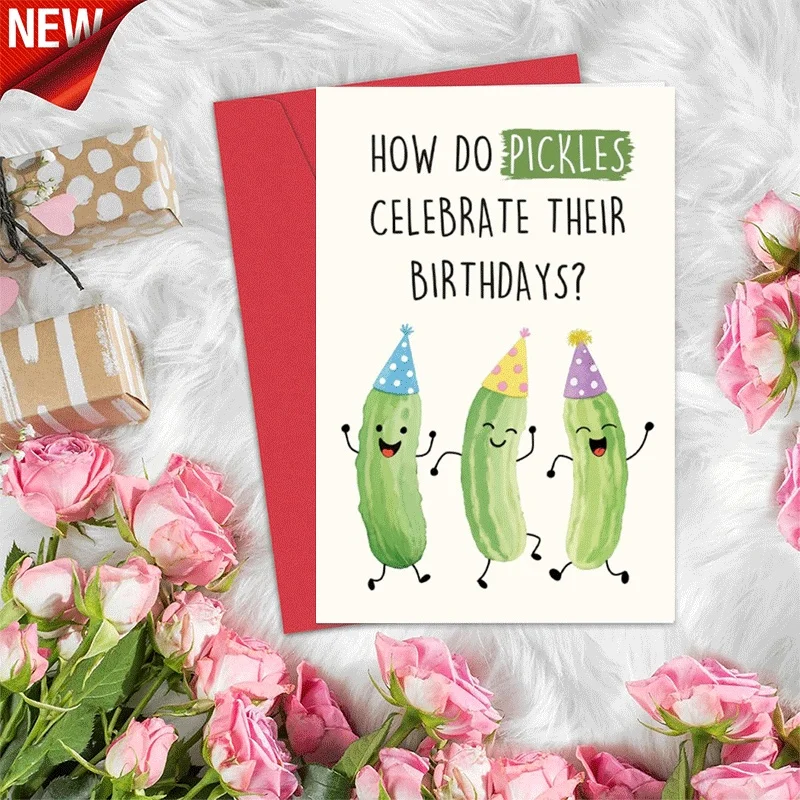 

Funny Pickle Birthday Greeting Card, Cute Cartoon Pickles Birthday Celebration Card for Pickle Lovers