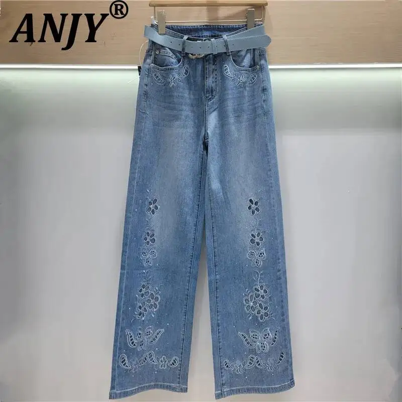 

ANJY Spring Summer New Women Elegant Fashion Embroidered Hollow Out Diamonds Jeans Trend Washed Slim Straight Denim Pants A24677