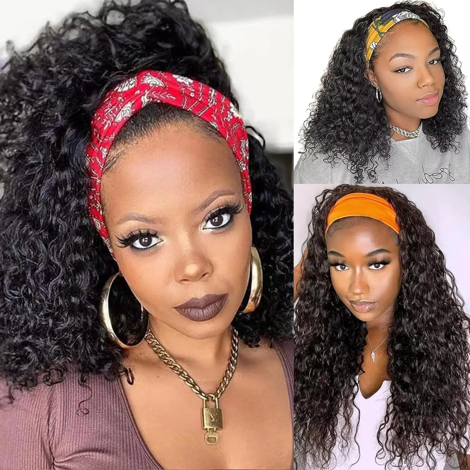 

Headband Wigs Water Wave Human Hair Full Machine Made Wigs Brazilian Remy Hair Wig For Women