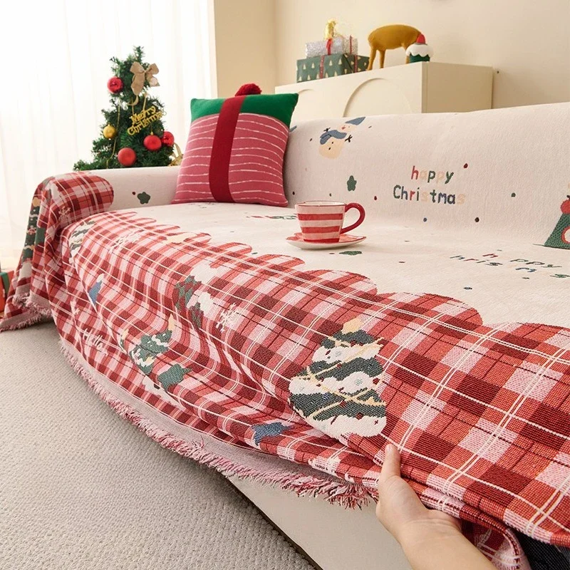 Christmas Chenille Sofa Towel with Tassels Double-side Dustproof for Living Room Camping Large Blankets Natale Decorazioni Casa