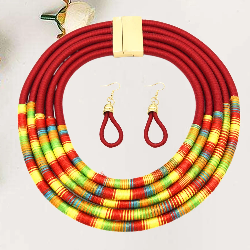 

Magnetic Buckle Necklace African Style Prom Earrings and Set Multilayer Choker Red