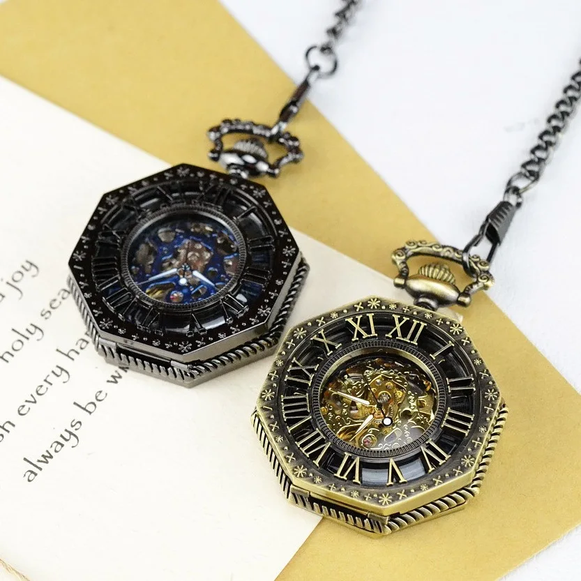 Luxury Golden Mechanical Pocket Watch for Men Women hollow Dial Roman Hexagon Case Fob Chain Pendant Clock for Collection Gift