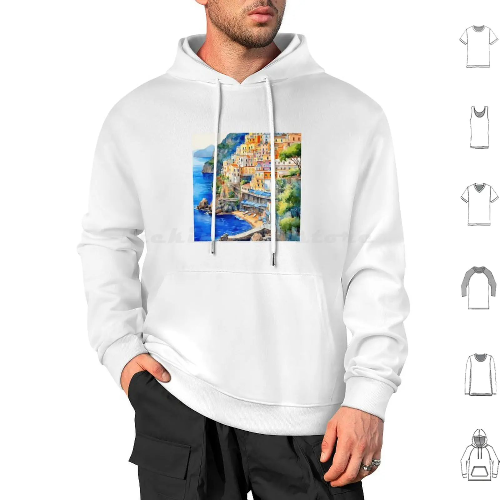 Amalfi-Eleganz: A Coastal Symphony Of Village And Sea Hoodie Baumwolle Langarm Amalfi Elegance Coastal Symphony Village