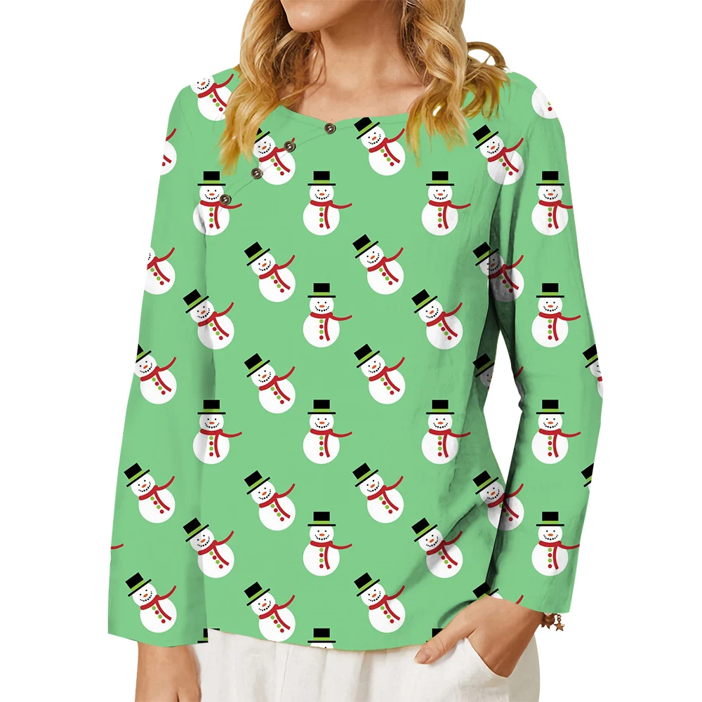 CLOOCL Tops T-shirt Women New Trendy Loose Casual Long Sleeve Snowman Print Tee Merry Christmas Female Blouse Ropa De Mujer