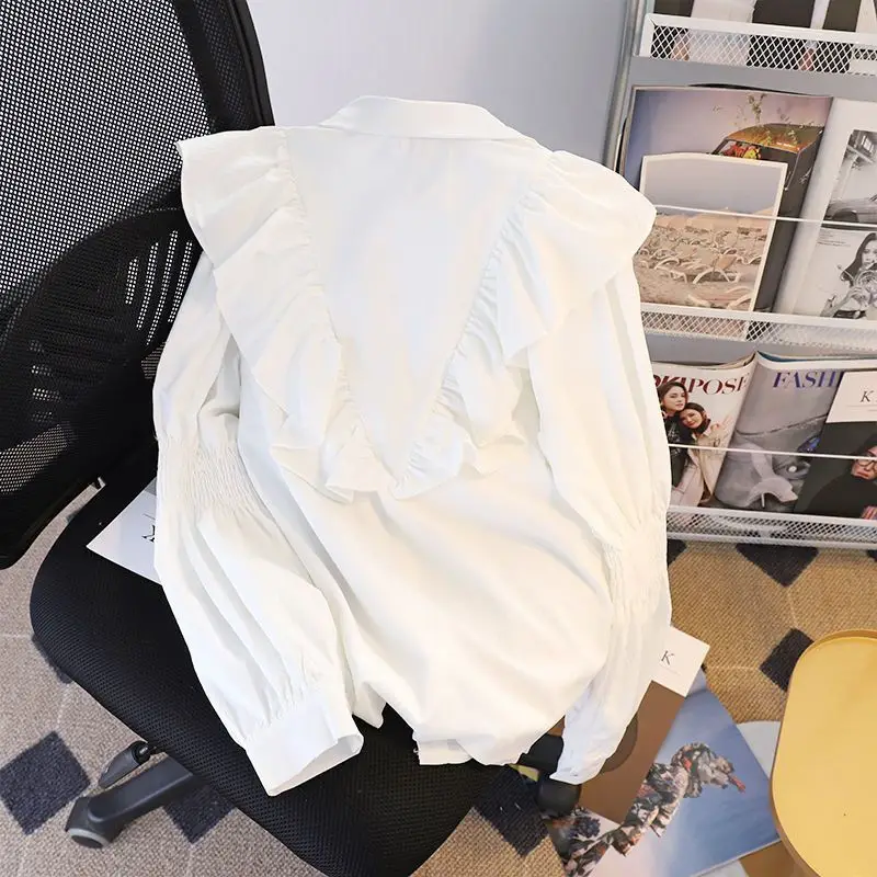 Kore gidip bahar yaz yeni bluzlar kadın düz renk Polo yaka Patchwork Ruffles gevşek düğme uzun kollu gömlek Tops