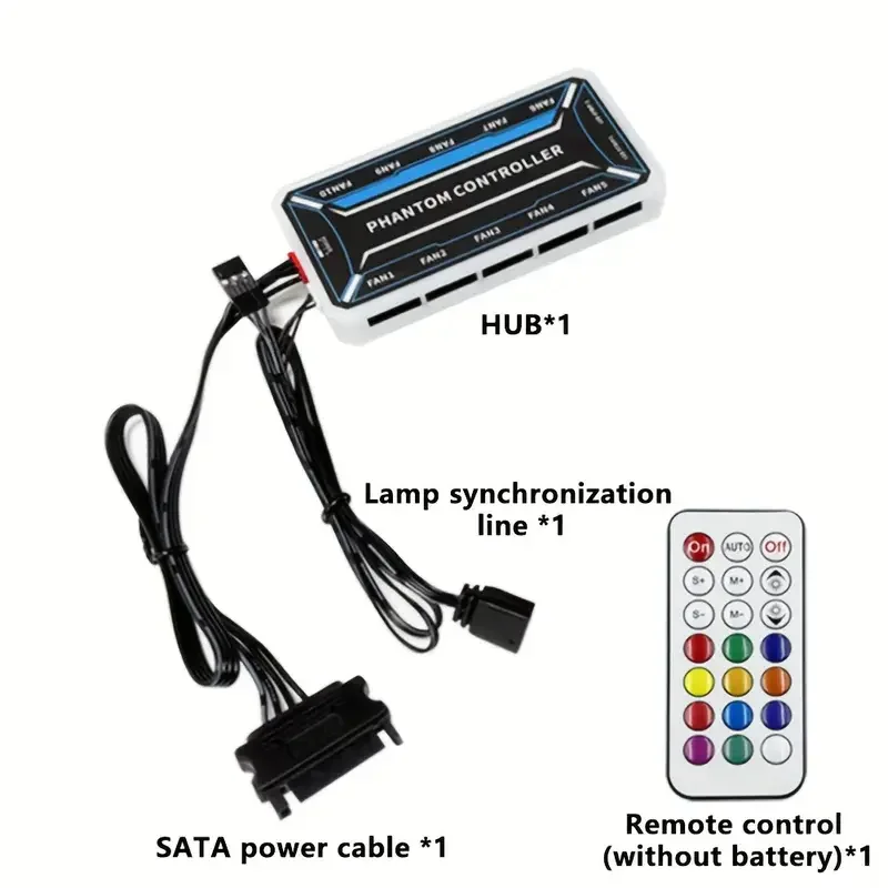 6-Pin Fan Hub, 10 6-Pin Interfaces and 2 4-Pin Interfaces. SATA Power Supply. Adjustable RGB and Speed (Battery Not Included)
