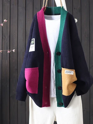 Casual Style Color Block Sweatshirt Open Cardigan Women's Autumn Winter Loose Fit Versatile Anti-Aging Casual Top