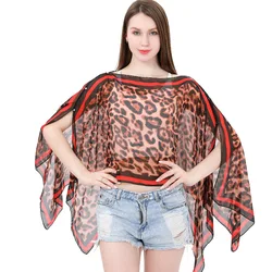 Chal de protección solar para mujer, camiseta de gasa de verano, bufanda de leopardo para vacaciones, blusa de Bikini, envoltura de playa transpirable