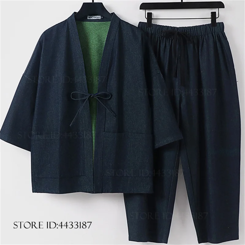 plus-size-9xl-japanese-kimono-cardigan-pants-set-trendy-cotton-denim-mens-jacket-coat-retro-kimono-yukata haori samurai-costume