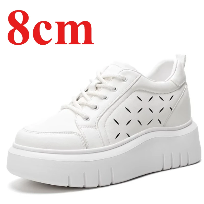 

Genuine Leather Light Outsole Board Shoes for Women's 8cm Thick Soled Increasing Shoes Comfortable Breathable Casual White Shoes