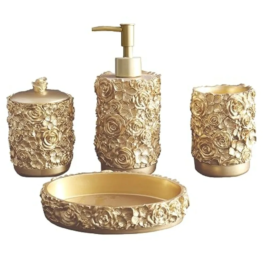 

Rose Design Gold Bathroom Accessories Set Farmhouse Style Resin Decor 4-Piece White Set with Cotton Swab Jar Soap Dispenser Soa