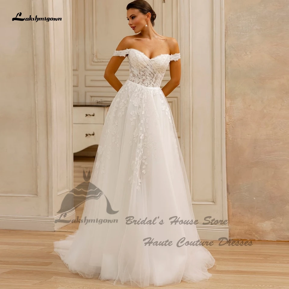 Lakshmigown-vestido de novia largo de tul para mujer, traje sencillo con hombros descubiertos, elegante, escote Corazón, 2024