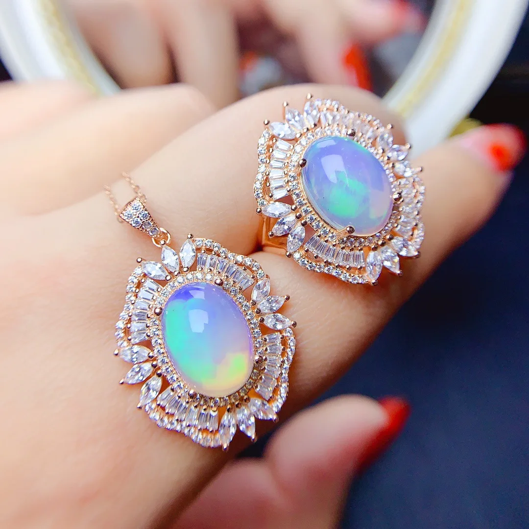 S925 Silver Opal Necklace and Ring Jewelry Set, 10x14mm Exquisite Matched Gems, Elegant Collection for Galas & Luxury Gifting