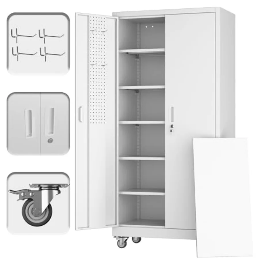 Upgrade 71H''*32''W*16''D Metal Garage Storage Cabinet with Wheels and Pegboards, 5 Adjustable Shees Steel Storage Cabinets for
