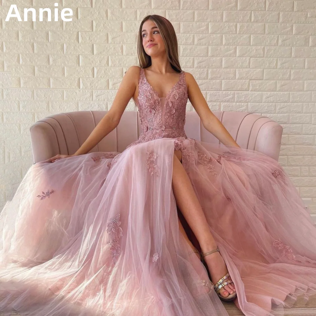 

Annie Pink Prom Dresses Embroidered Glitter Tulle Evening Dresses V-neck Side Slit Wedding Party Dresses 2024Custom Dress