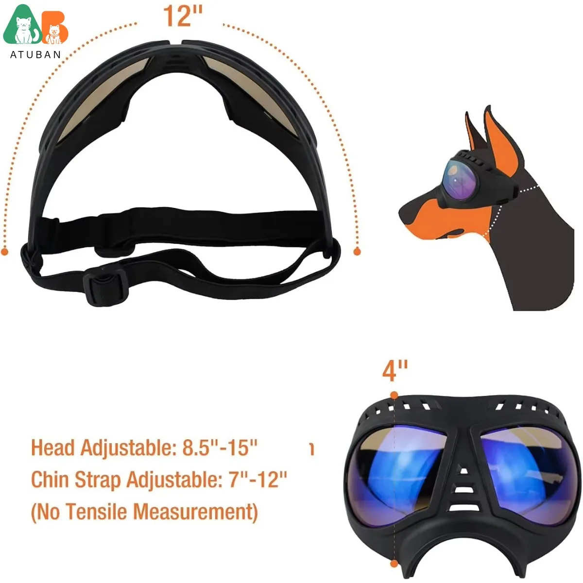 ATUBAN Gafas para perros Gafas de sol para perros de área grande, Gafas para perros de protección ocular a prueba de viento y nieve de razas grandes para conducir al aire libre en bicicleta