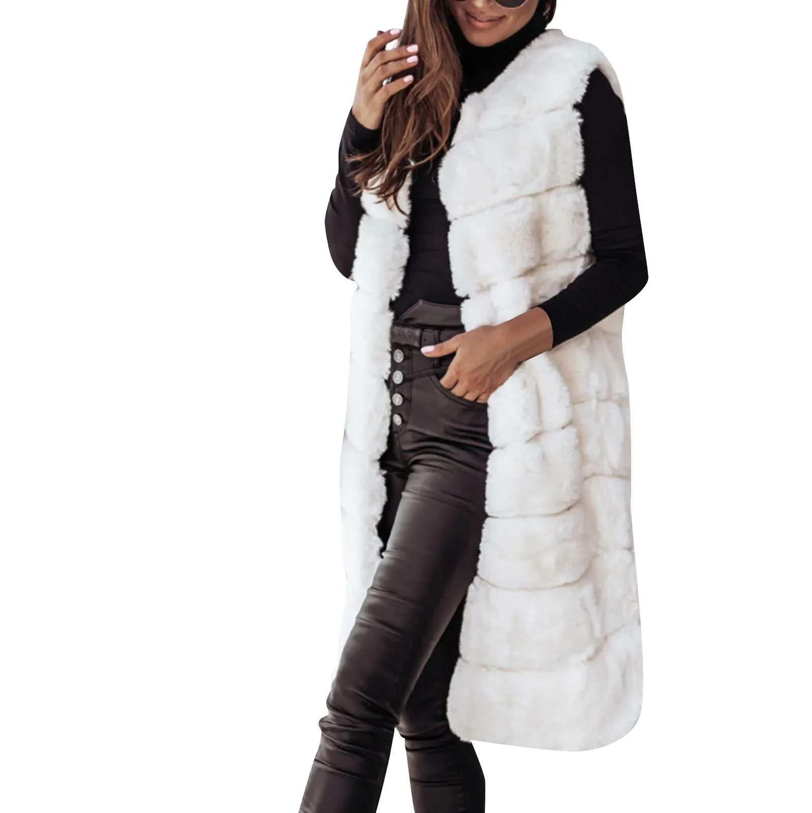 Luxury Women Faux Fur Jackets Sleeveless Slim Long Faux Fur Vest Gilet Furry Warm Winter Overcoat Women chamarras para mujeres