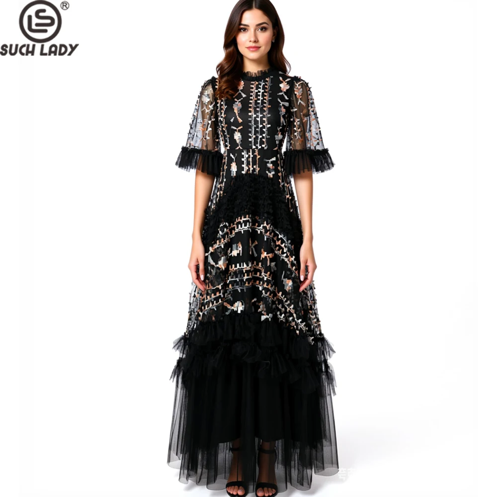 

Women's Dresses Black High-Neck Ruffle Sleeve with Stereoscopic Flower Embroidery Tiered Tulle Formal Evening Gown