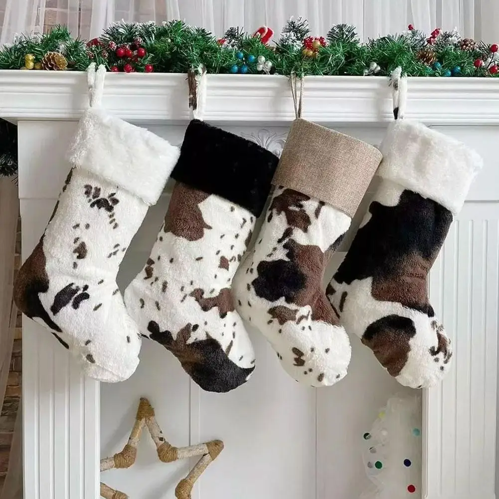 Large Christmas Stockings Farmhouse Cow Print Stockings With Lanyard Big Feet Christmas Gift Stockings For Toy Bag Candy Bag