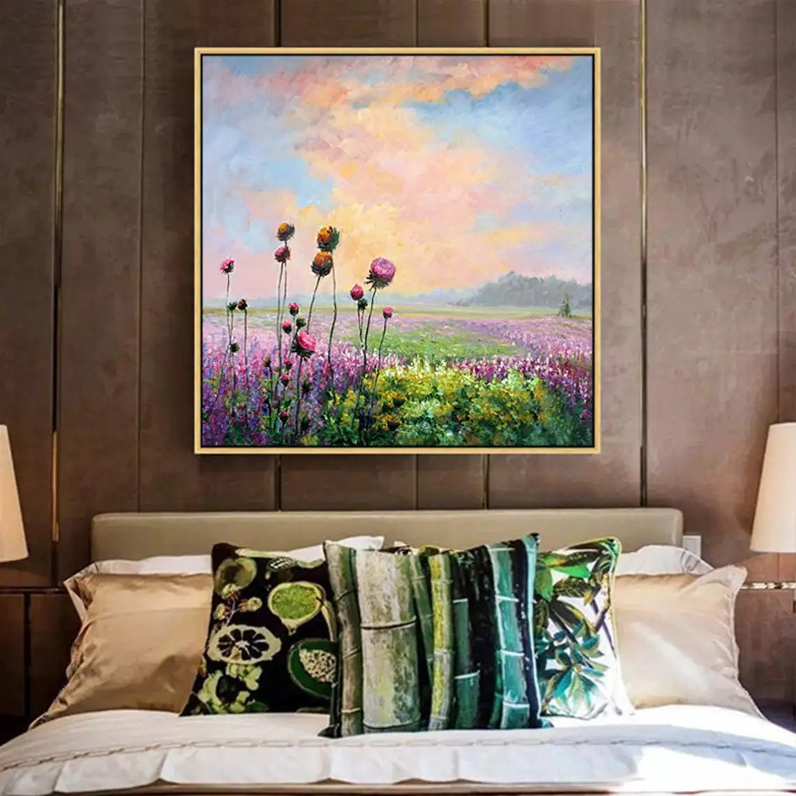 

Large Hand Painted Oil Painting Purple Lavender Sunset Glow Landscape Lavender Wall Art Mountain Living Room Wall Art Home Decor