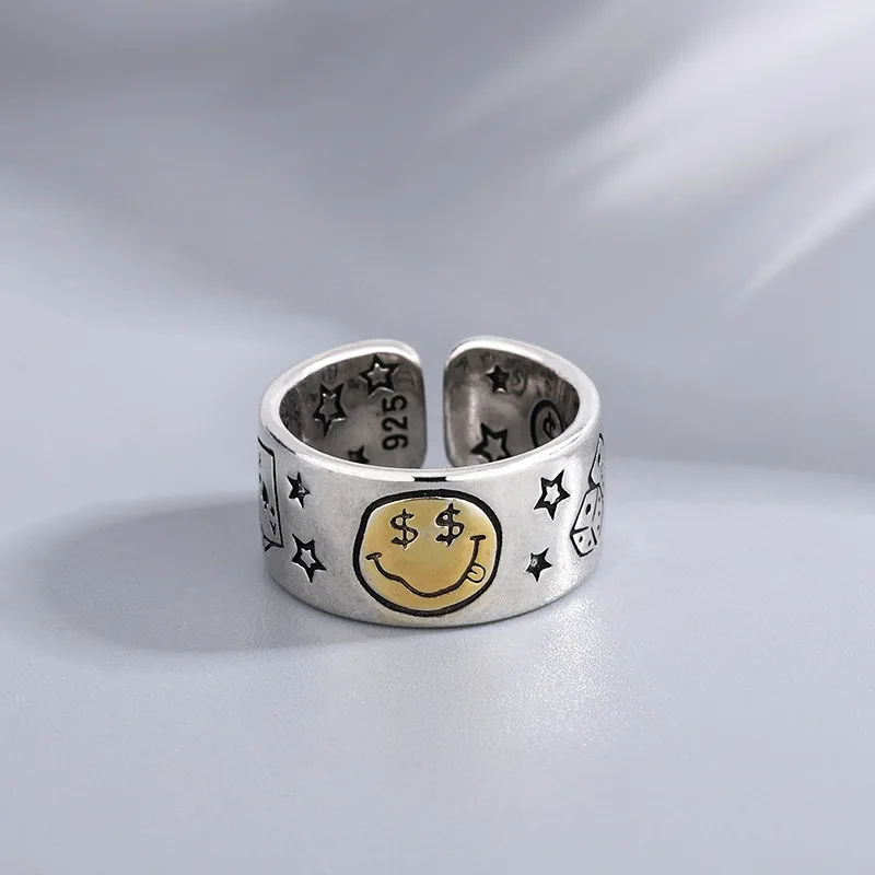 Personality Smile Face Poker Dice Design Vintage Thai Silver Ladies Finger Ring Jewelry For Women Birthday Gifts No Fade