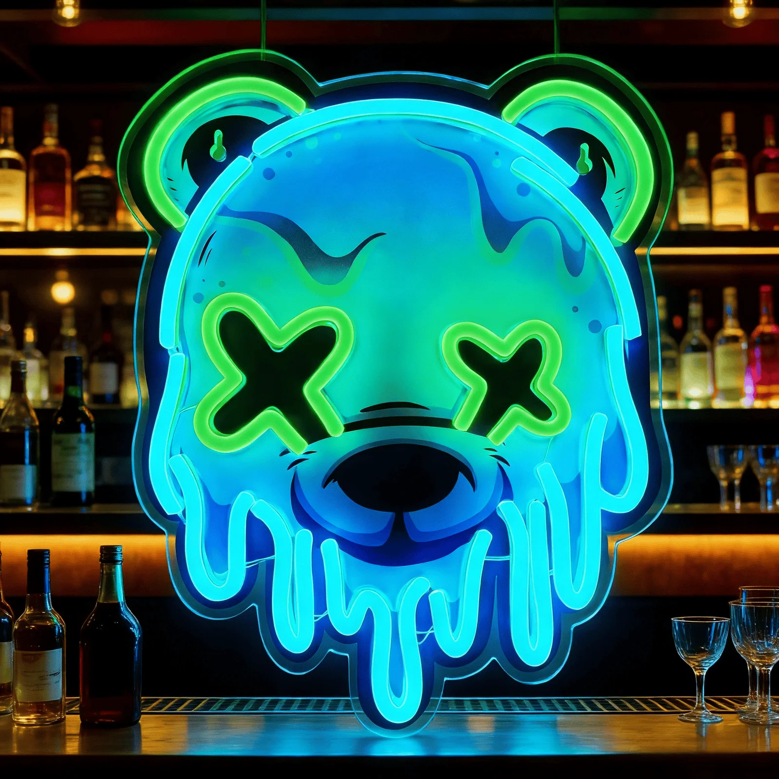 Ice Bear Neon Sign LED Neon Light for Wall Decor, Blue Green Cool Bear Neon Lamp for Bar, Pub, Man Cave, Bedroom, Party, Club Aesthetic, Art Wall Hanging Light, USB Powered