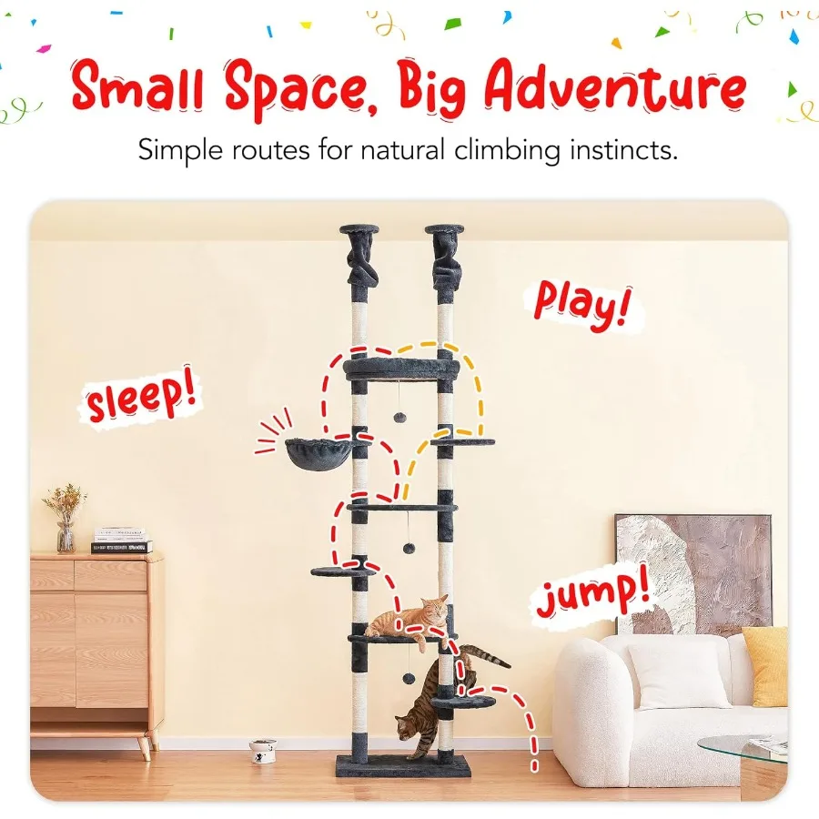Albero per gatti dal pavimento al soffitto Torre per gatti Altezza regolabile 92-102 pollici 234-258 cm Albero da arrampicata per gatti a 7 livelli con piattaforme amaca