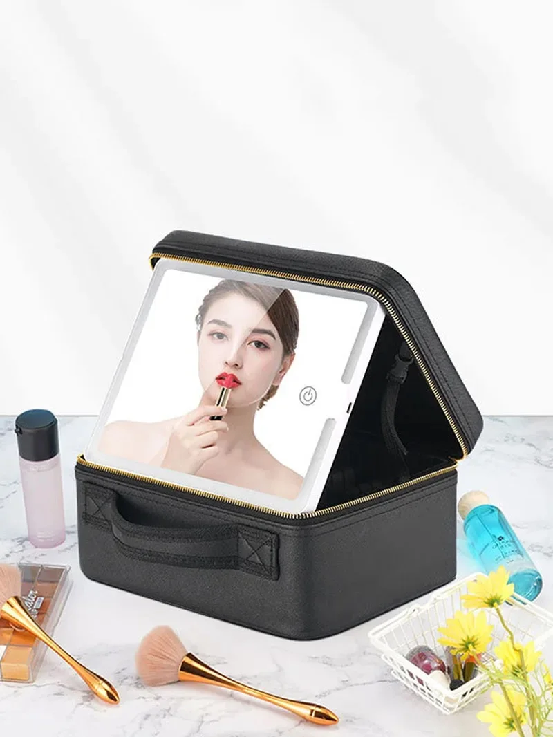 Smart LED Cosmetic Case With Mirror Travel Makeup Bag Large Capacity Female Beautician Skincare Product Makeup Case For Women