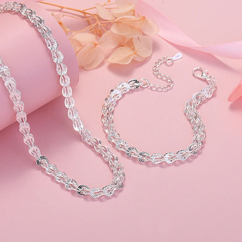 Luxury designer 925 Sterling silver lathes carved pattern chain bracelets neckalces jewelry set for women fashion Party wedding