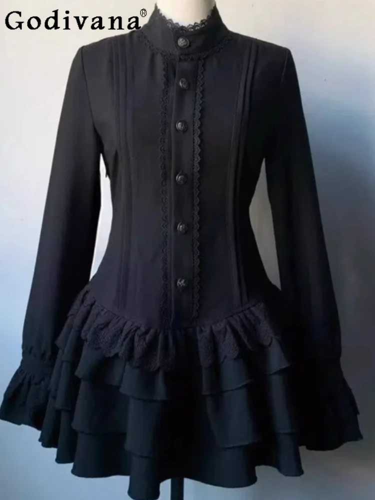 

Spring Gothic Slim Long Sleeve Stand Collar Lace Dresses Black High Waist A-line Versatile Fashion Personality Girl Cake Dress