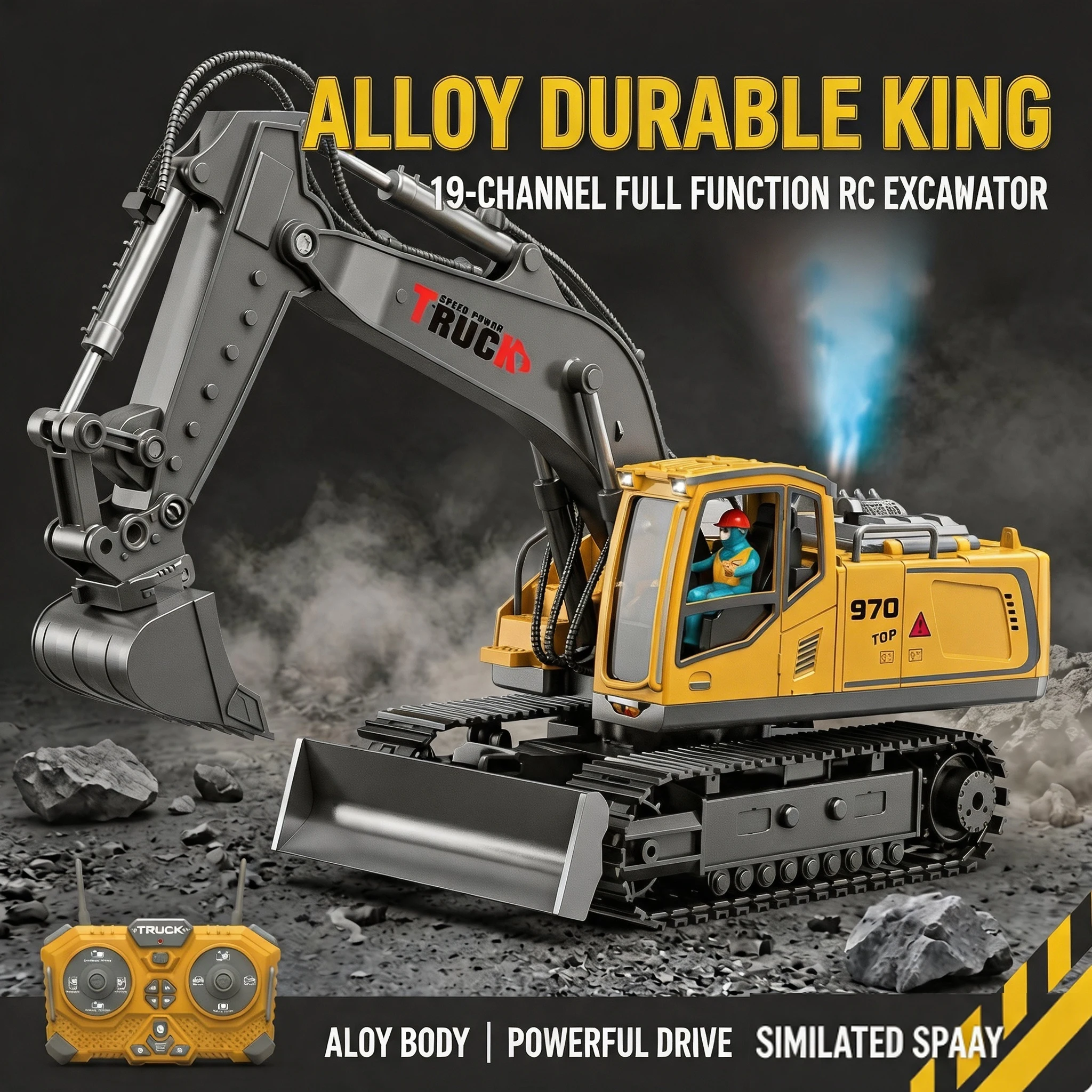 3-in-1 Alloy RC Excavator, Remote Control Digger with Swapable Drill Bit & Claw, Birthday Gift for Boys Kids