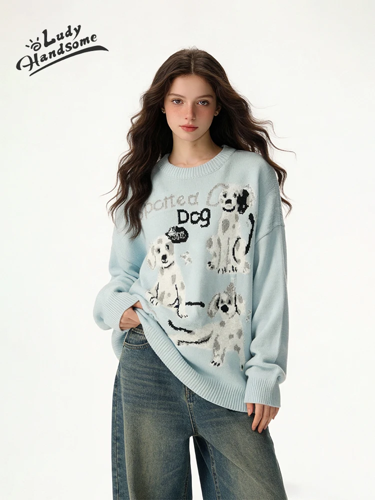 

American Sle Lazy Dog Flower Pattern round Ne Knitted Sweater Women's Loose Fit Comfortable Top for Young Women