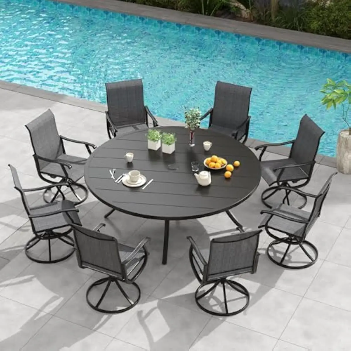 9-Piece Modern Round Outdoor Dining Ensemble Featuring 60-Inch Wrought Iron Table with Adjustable Umbrella Opening and Eight 360