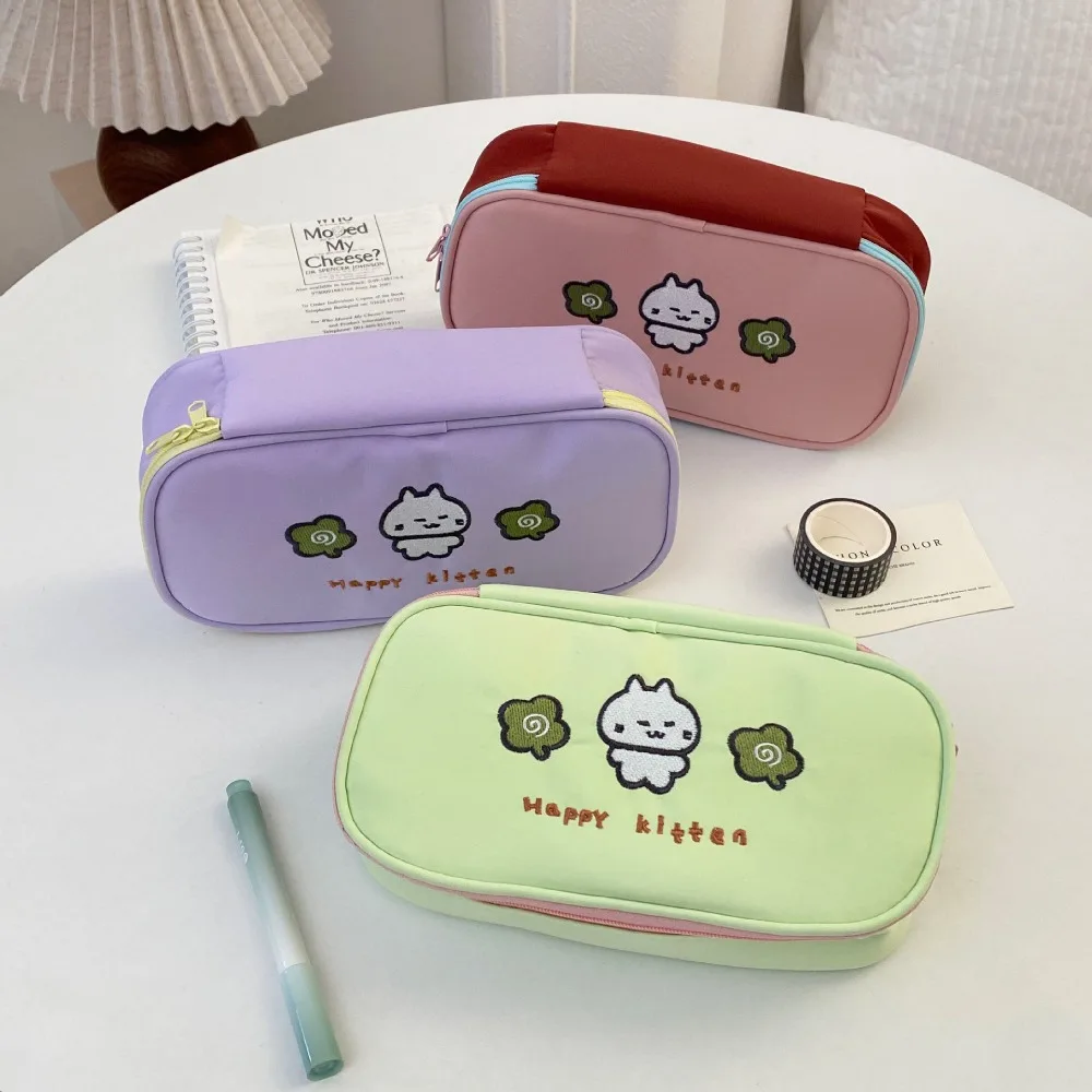 Kawaii سعة كبيرة مقلمة كرتونية لطيف القط مربع الكورية حقيبة أقلام رصاص المحمولة مستحضرات التجميل تخزين حقيبة مستحضرات تجميل الطالب