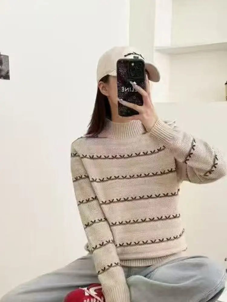 Red Loose Knitted Sweater Women's f High Collar Striped Base Layer Top Casual Sle Soft Fabric Long Sve Winter Wear