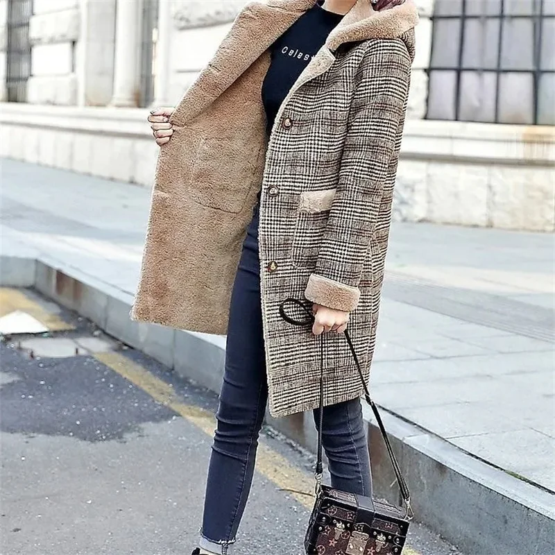 2024 Winter New Hooded Thickened Wool Plaid Coat Rabbit Hair Simple Fur Thickened Warm Long Hooded H-shaped Women's High Grade
