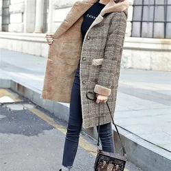 2024 Winter New Hooded Thickened Wool Plaid Coat Rabbit Hair Simple Fur Thickened Warm Long Hooded H-shaped Women's High Grade