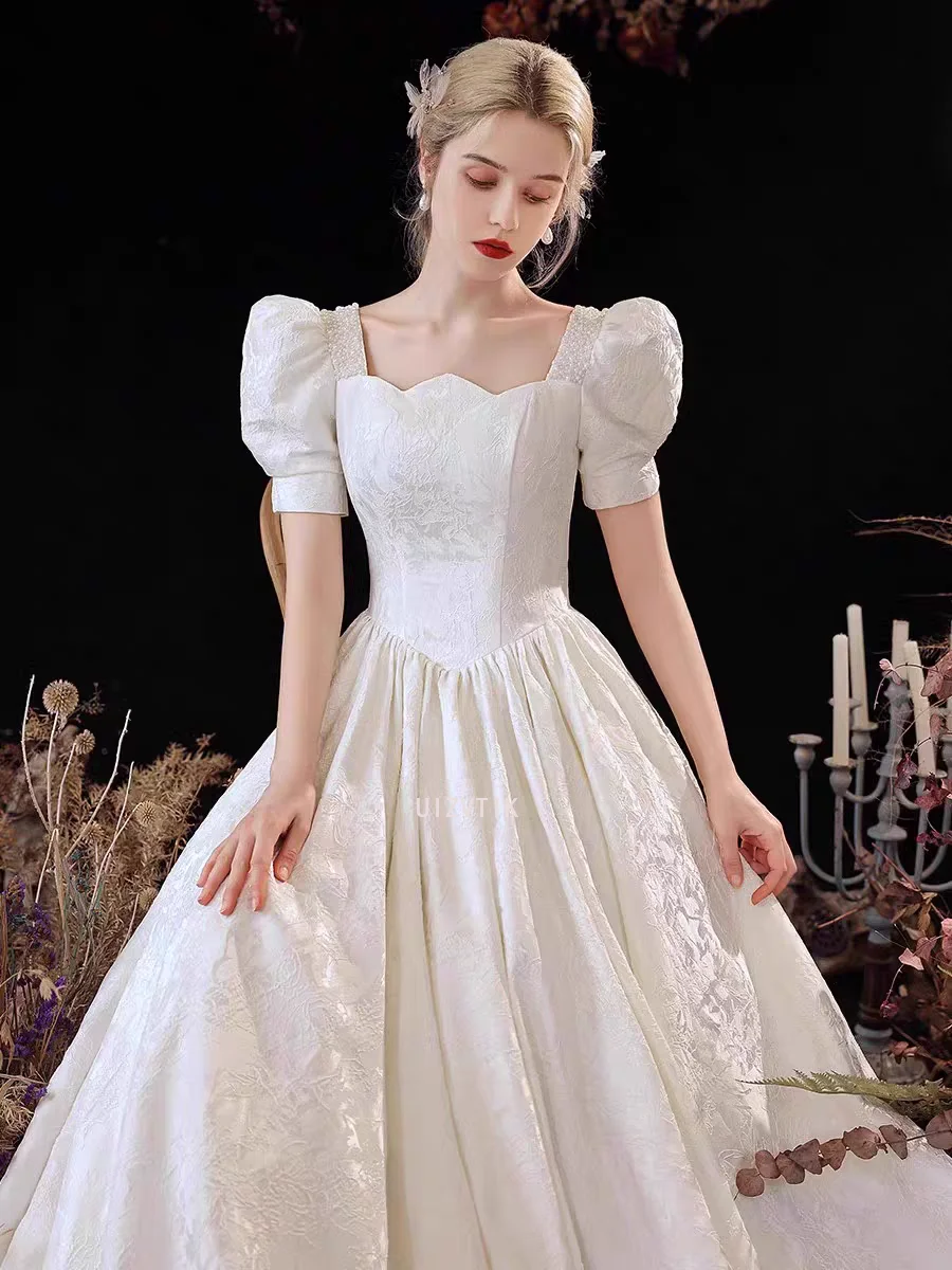 Simple White Wedding Long Dresses Women Vintage Puff Sleeve Beading A-Line Banquet Evening Party Dress Elegant Women Prom Gowns