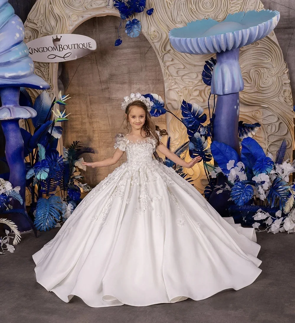 

Customized Ivory Flower Girl Dress Lace Satin Ball Gown Wedding Gown First Christmas Party Luxury Evening Gown For Girls