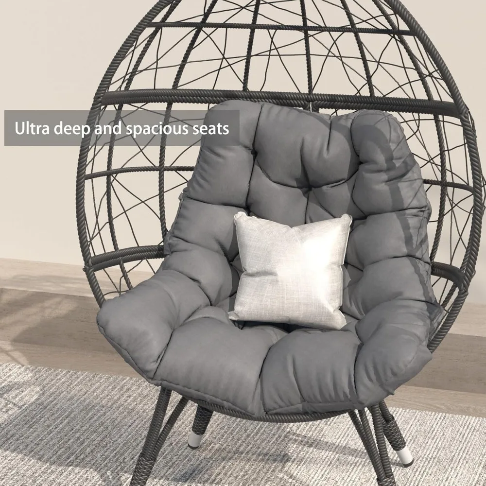 كرسي بيضة من الخيزران كبير الحجم، كرسي صالة سلة بيض داخلي خارجي مع وسادة كبيرة لغرفة المعيشة في الفناء الخلفي والحديقة (رمادي)