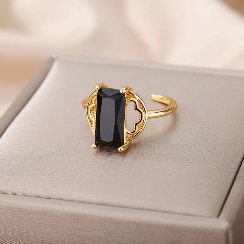 Black Rectangle Zircon Rings for Women Open Stainless Steel Adjustable Ring Couple Wedding Aesthetic Jewelry Gift Anillos Mujer