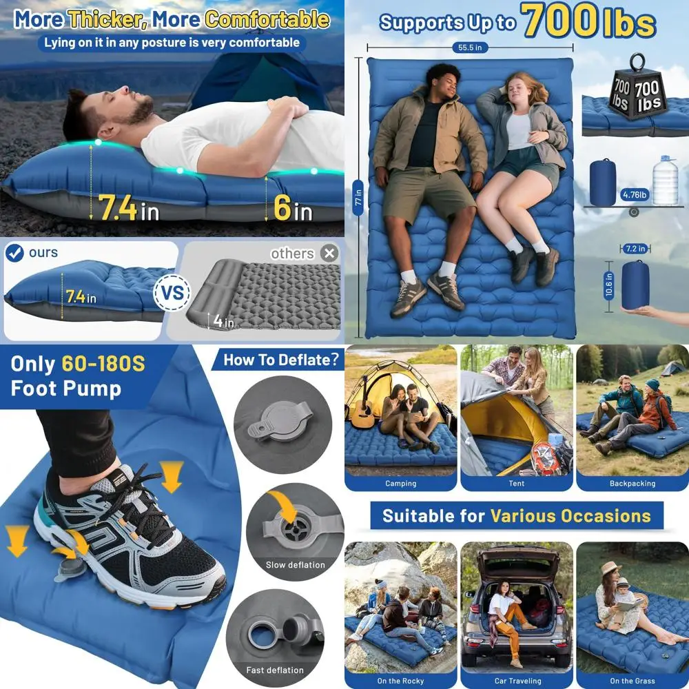 

Double Sleng Pad, 6" Extra Thick Portable Camping Sleng Pad with Pillows & Built-in oot Pump, Ultralight Camping Mat or Backpack